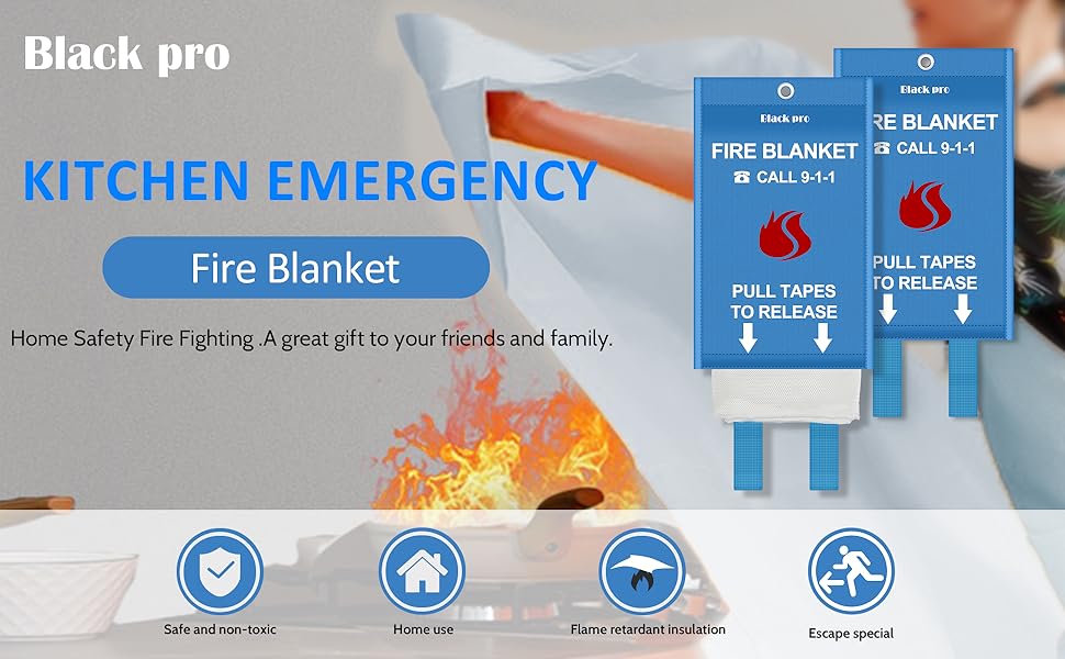 Black pro Fire Blanket for Kitchen, Home, School, Fireplace, Grill, Car, Office and Warehouse