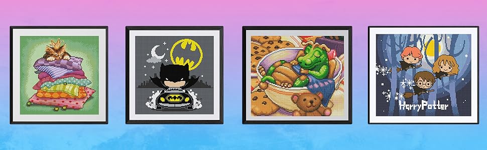 Cat, batman, dragon, and Harry Potter diamond paintings, each with a unique frame.