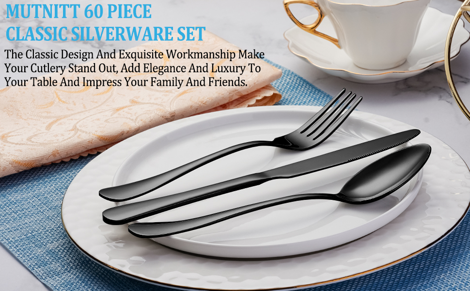 60 piece black silverware set