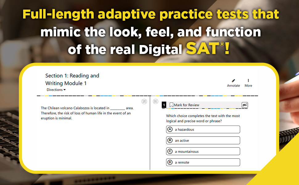 Full-length adaptive practice tests that mimic the look, feel, and function of the real Digital SAT!