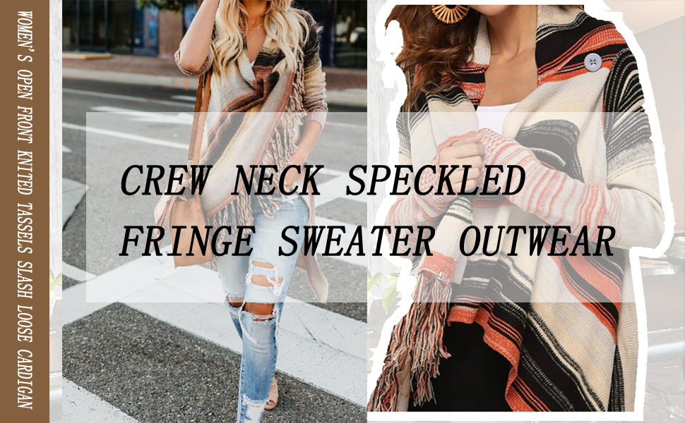 Women's Open Front Knited Tassels Slash Loose Cardigan Crew Neck Speckled Fringe Sweater Outwear