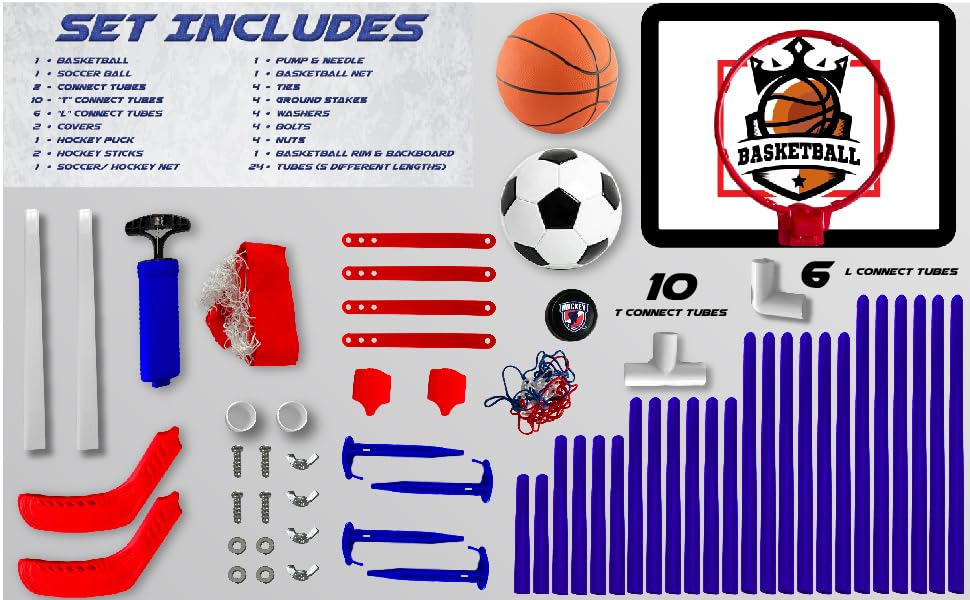 Set Includes hoop, soccer ball, pump, basketball, hockey puck, stakes and all connecting tubes