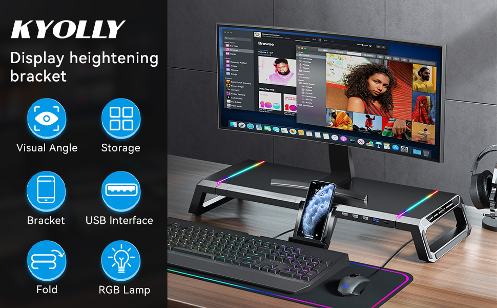 KYOLLY RGB Gaming Compute Monitor Stand Riser - 1 USB 3.0 and 3 USB 2.0 Hub