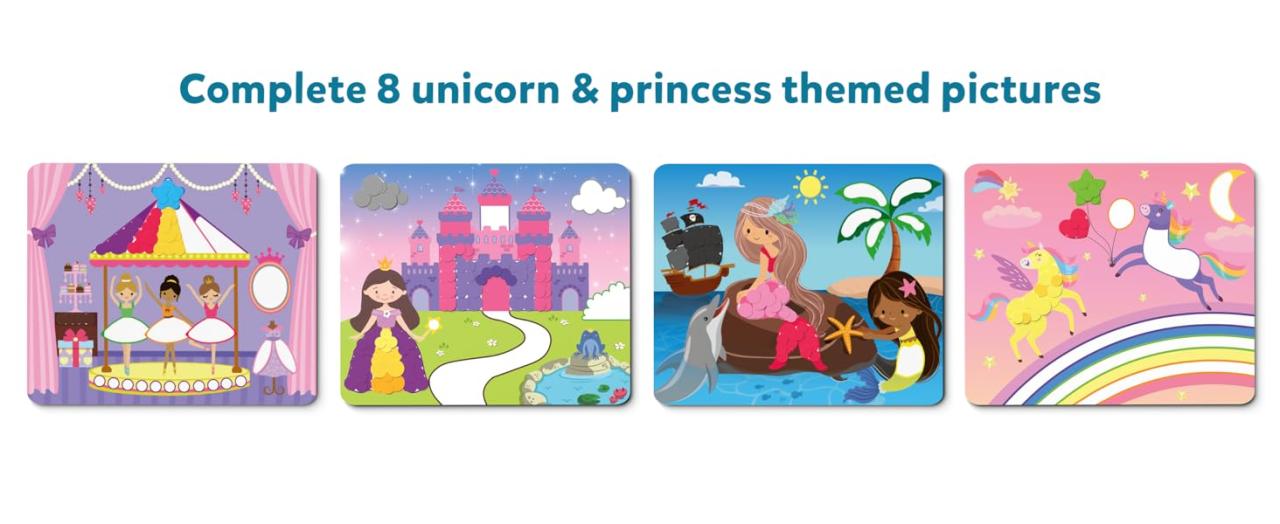 Complete 8 unicorn and princess themed pictures with stickers 