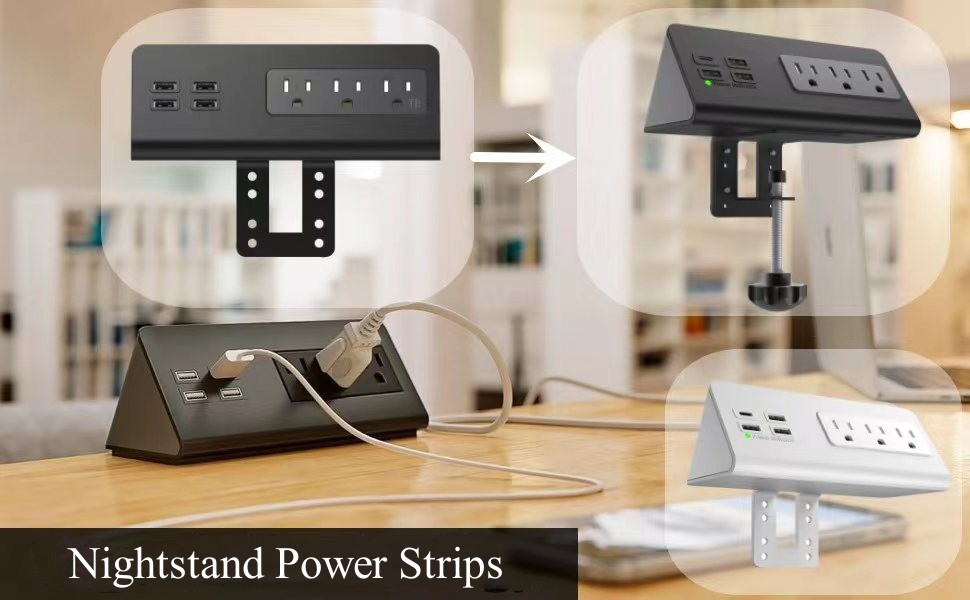 Nightstand Power Strips for Desk Edge Mount with USB-c Ports