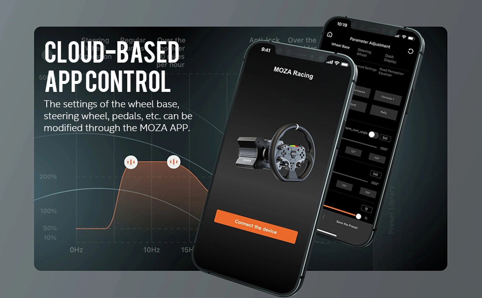 The settings of the wheel base, steering wheel, pedals, etc. can be modified through the MOZA APP.