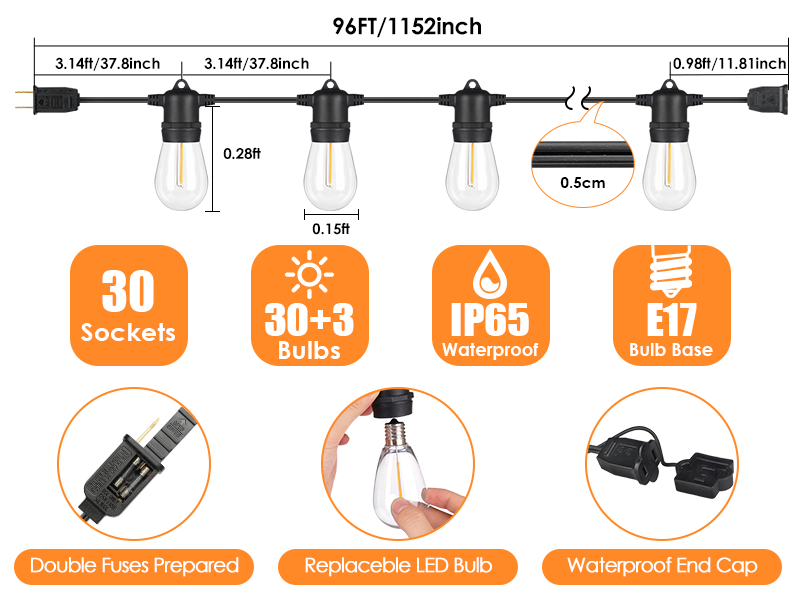 96ft 30 hanging sockets patio string lights