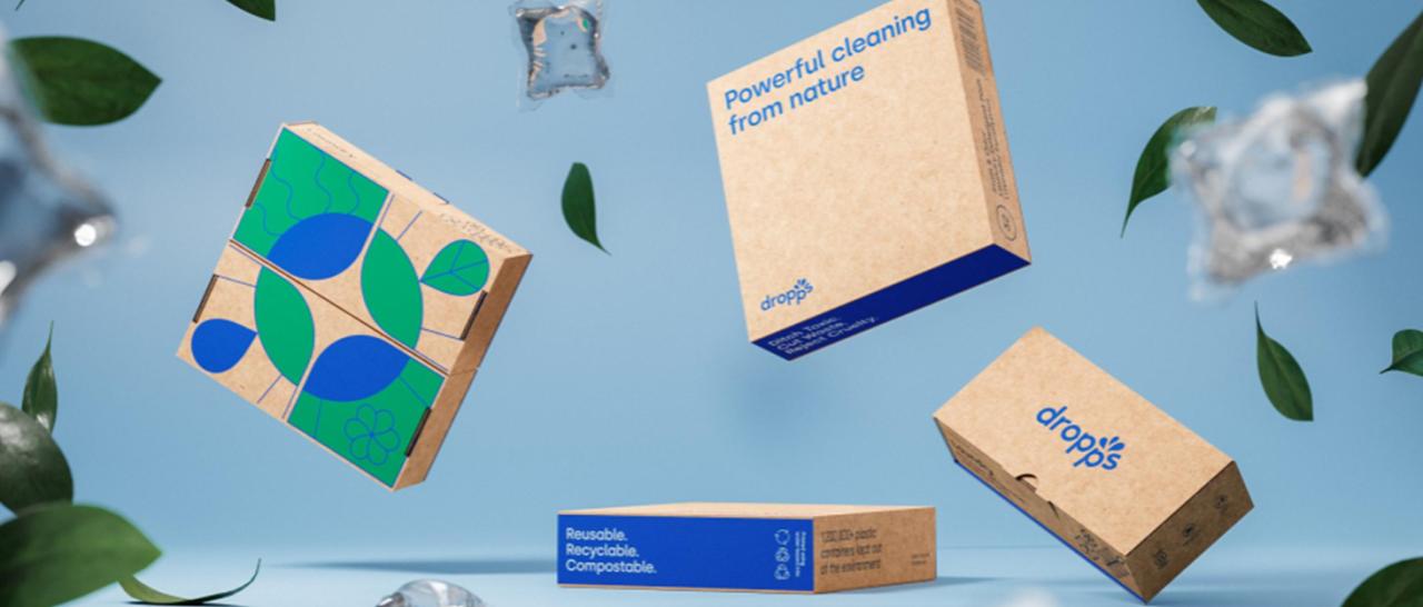 Dropps: Powerful Cleaning from Nature - featuring cardboard box packaging