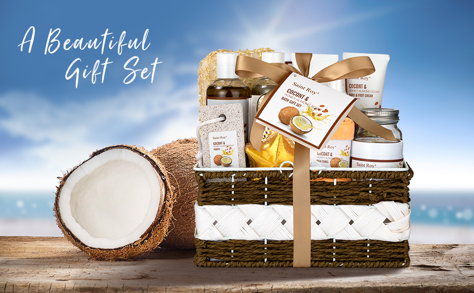 Bath and Body Gift Basket For Women and Men 16 Piece Set of Vanilla Coconut Home Spa Set