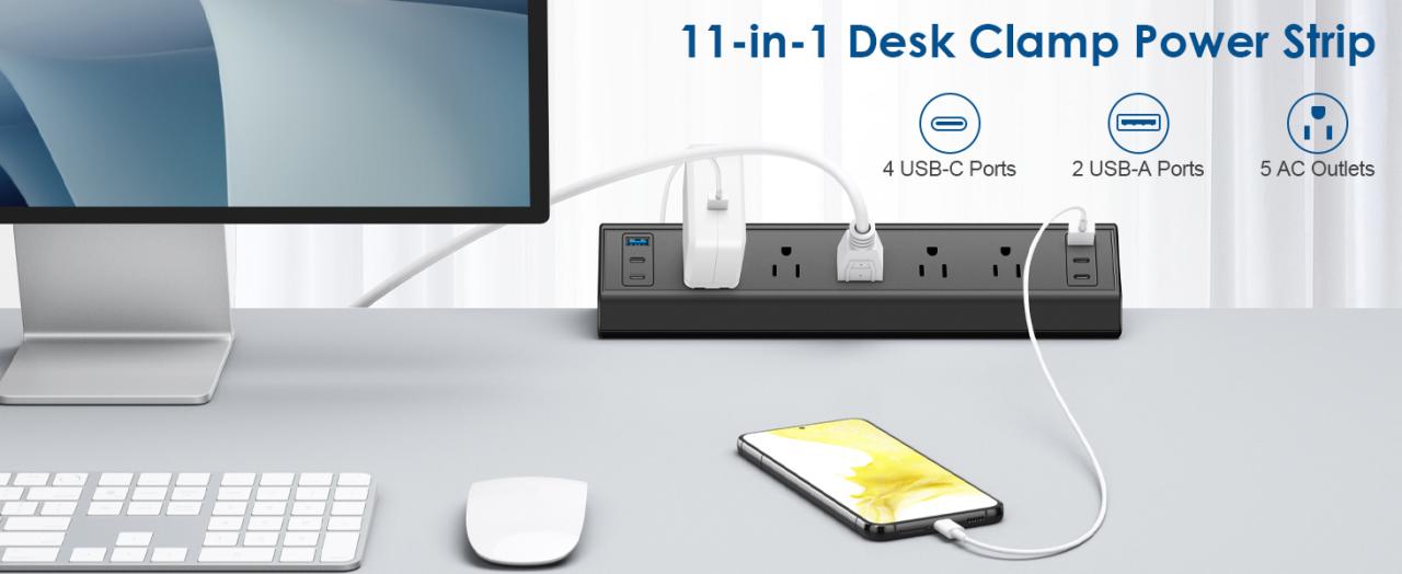 Desk Clamp Power Strip USB C Surge Protector