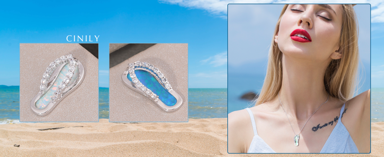 Opal Necklace Shoe Pendant 18K White Gold Flip Flop Beach Shoes Sandal Pendant Necklace Women Girls