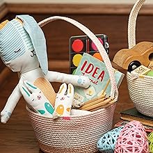 Tricolor Easter Baskets filled with kids Easter toys.