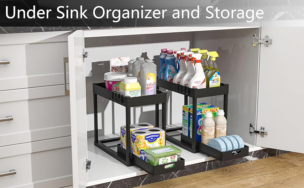 Under Sink Organizer Rack Under Sliding Cabinet Basket Organizer for Bathroom Kitchen Desktop