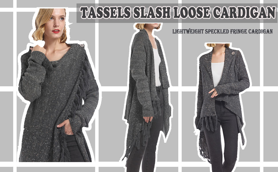 Women's Open Front Knited Tassels Slash Loose Cardigan Crew Neck Speckled Fringe Sweater Outwear