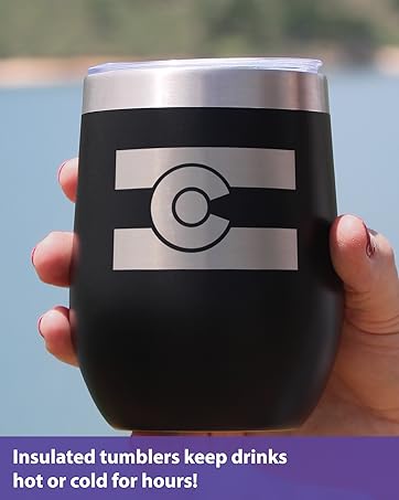 Design of the Colorado state flag, engraved onto a black wine tumbler