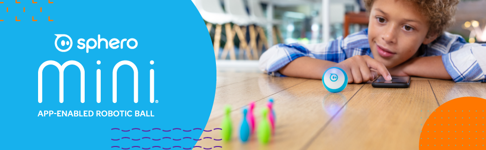 Kid driving Sphero Mini robot toy into tiny bowling pins with the Sphero Play app.