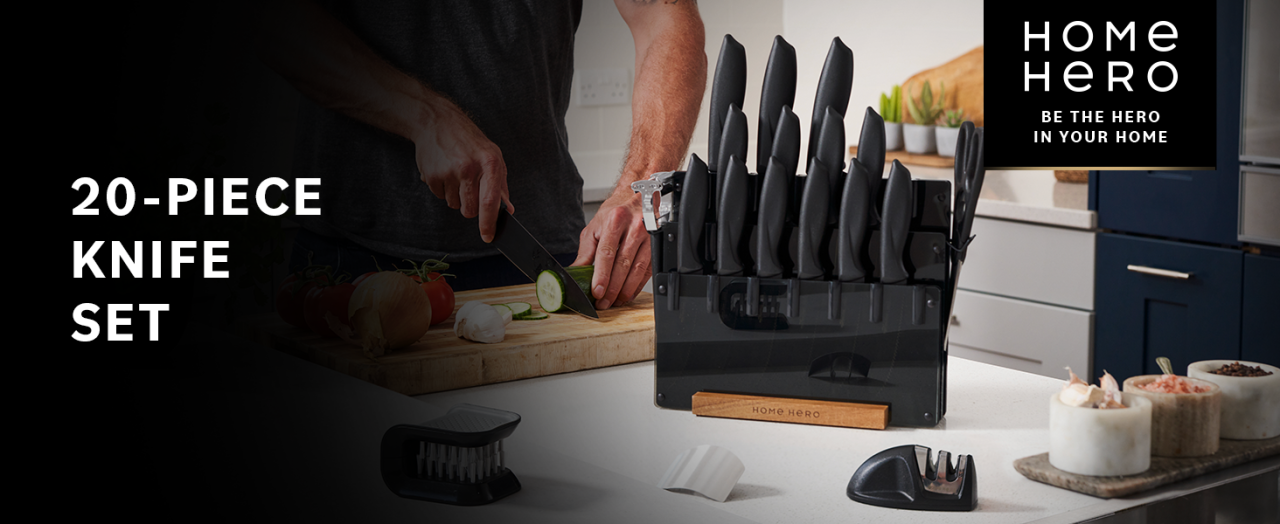 All-in-one 20-pc knife set for home chefs and professional chefs.