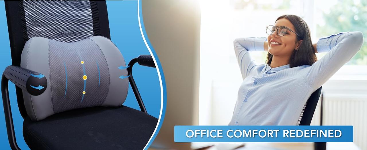 Ergonomic lumbar support pillow for relieve back stress. Perfect for prolonged desk work