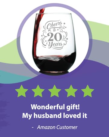 Stemless wine glass with Cheers to 20 Years emgraved on it, coupled with a 5 star review