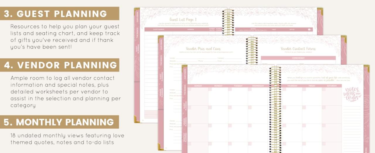 Gold Floral Wedding Planner tabbed sections Guests Vendor & Monthly Planning