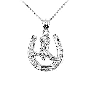 .925 Sterling Silver Lucky Horseshoe with Cowboy Boot Charm Pendant Necklace