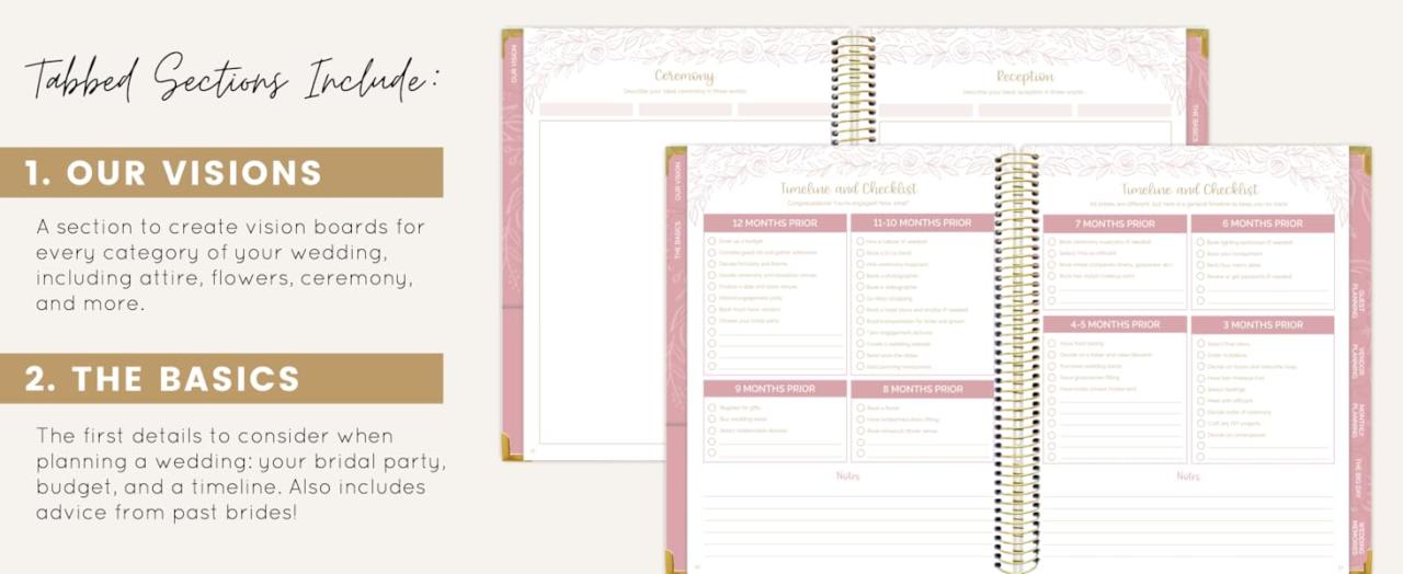 Gold Floral Wedding Planner tabbed sections Our Visions & The Basics