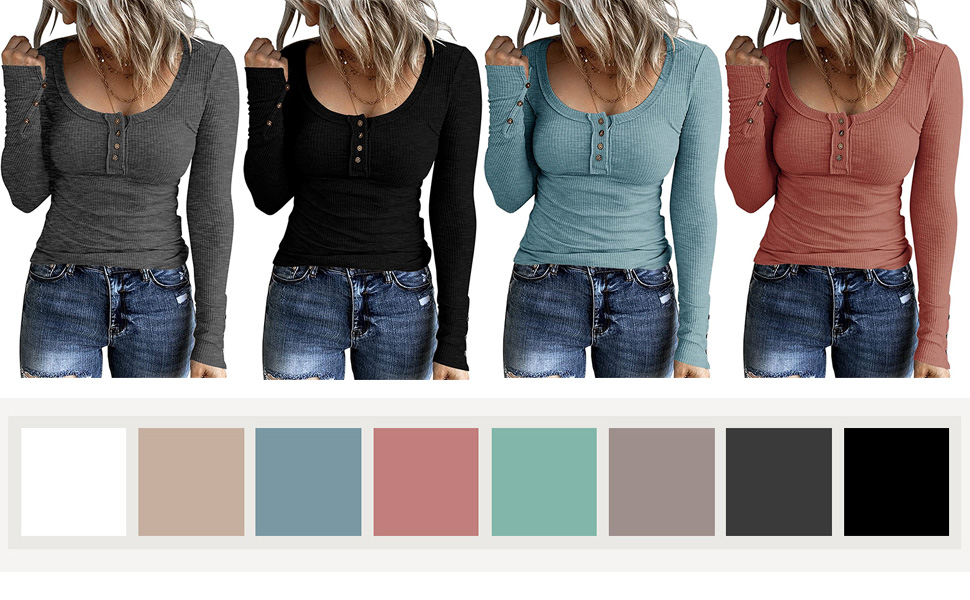 Women‘s Long Sleeve V-Neck Button Causal Tops Blouse T Shirt