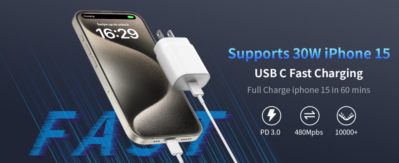 30w usb c charger for iphone 15 pro max plus charger fast charging block 6.6ft cable cord