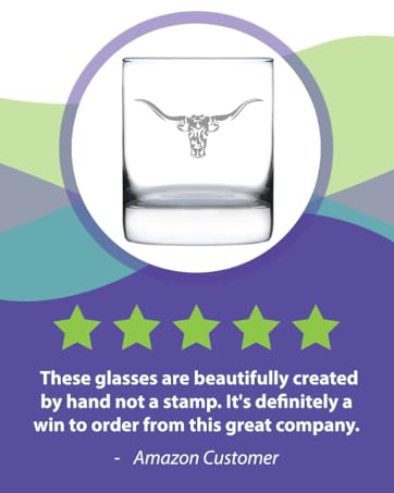 Design of a longhorn cow engraved onto a rocks glass, coupled with a 5 star review