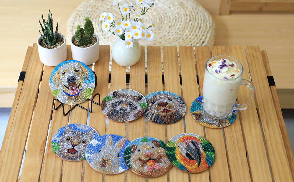 Diamond Art Coasters with Holder , DIY Animals Diamond Painting Coasters Kits for Beginners/Adults