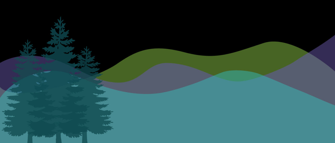 Abstract design of mountain scape in teal, lime green and purple, with pine trees on the left side