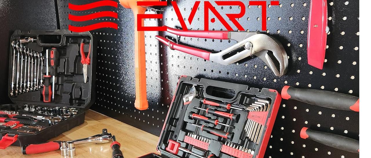 Tool sets on a work bench with strong Red logo over top of image. 