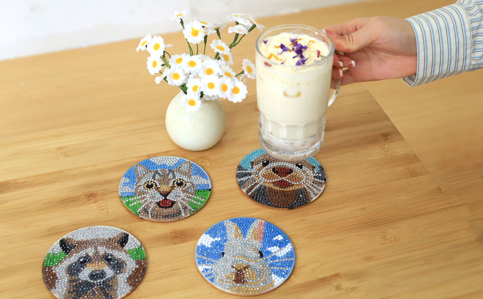 Diamond Art Coasters with Holder Animals Diamond Painting Coasters Kits for Beginners/Adults/Kids