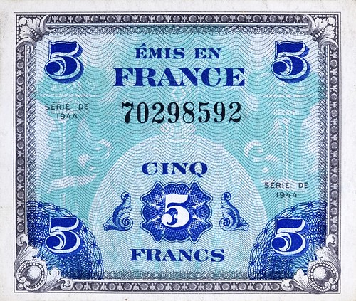 The obverse side of the first issue of the 1944 Supplemental French Franc Currency used by the Allied Forces in Europe during World War II -  - These notes were printed by Forbes Lithograph Manufacturing Company in Boston, Massachusetts